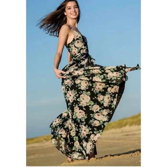 Lulus Legendary Romance Black Floral Print Wrap Maxi Dress Size M - Picture 2 of 12